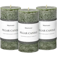 3X6 Inch Moss Green Pillar Candles Set Of 3 - Unscented Spring Candles, Long Clean Burning, Large Big Candles, Smokeless Dripless Candles For Spring Home Decor, Dinner Table, Bathroom, Rustic Decor