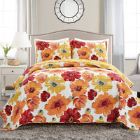 Lush Decor Leah Reversible Floral Quilt Set, 3 Piece Set, Full/ Queen, Red & Orange - Charming Floral Bedding Set - Large Blooming Watercolor Flowers