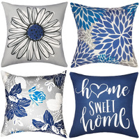 Rysmiyou Blue Pillow Covers 16X16 Inch Set Of 4 Decorative Throw Pillow Covers Couch Pillow Covers For Sofa Outdoor Throw Pillow Cover,Linen Square Pillow Case Farmhouse Room Modern Home Decor