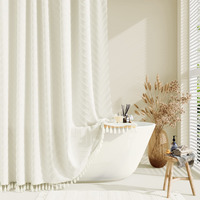 Dynamene Stall Fabric Shower Curtain, 60X72 Inch Narrow Boho Tufted Chevron Striped Cloth Bathroom Shower Curtain, Weighted Neutral Waterproof Shower Curtain Set With 10 Hooks, Wrinkle Free, Cream