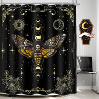 Lghtyro Skull Moth Gothic Shower Curtain Bathroom Set 60Wx71H Inches Witchy Moon Phase Black Gold Death Head Fairy Spooky Celestial Flower Bath Accessories Mystic Art Home Decor Fabric 12 Pack Hooks