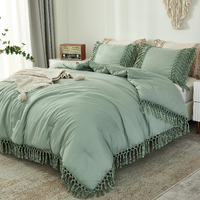 Andency Comforter King Size Set Sage Green, 3 Pieces Boho Tassel Lightweight Vintage Soft Bedding Comforter Sets For King Bed, All Season Fluffy Fringe Bed Set (104X90In Comforter & 2 Pillowcases)