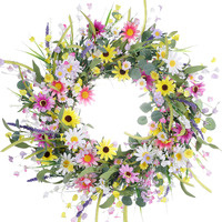 Yawwind 22 Inches Spring Wreaths For Front Door Summer Door Wreath Summer Wreath With Colorful Daisy Lavender Wildflower Green Eucalyptus Leaves For Spring Summer Indoors Farmhouse Outdoor Decor