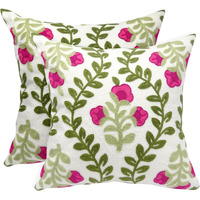 Alysheer Floral Embroidered Summer Decorative Throw Pillow Covers 18""X 18"" Set Of 2, Farmhouse Cottage Hot Pink Flowers Green Leaves Patterned Cotton Canvas Cushion Case For Sofa Couch Bed Living Room