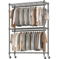Bathwa Heavy Duty Garment Rack On Wheels, Rolling Clothes Racks For Hanging Clothes, Simple Sturdy Wardrobe Rack With Double Hanging Rods, 8 Side Hangers, Gray