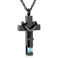 Shajwo Cremation Cross Urn Necklace For Ashes Jewelry For Women Men Memorial Keepsake Birthstone Pendant For Human Pet,Light Blue