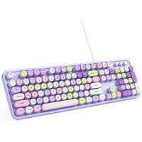 Mowux Computer Keyboard Wired, Plug And Play Usb Retro Round Typewriter Keyboard, Full Size Wired Keyboard With Foldable Stands For Laptop And Office Pc- Purple Colorful