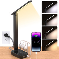 Power Strip With Led Desk Lamp, 3 Outlets 4 Usb Ports(2 Usbc) 4 Modes 5 Level Touch Lamp Small Desk Lamp For Home Office Bedroom Bedside, Study Reading Light, 5Ft Extension Cord, Dorm Room Essentials