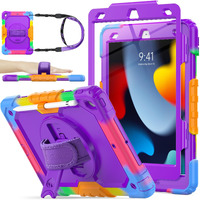 Seymac Stock Case For Ipad 9Th/ 8Th/ 7Th Generation 10.2'', Shockproof Case With Screen Protector Pencil Holder [360 Rotating Hand Strap] &Stand, Case For Ipad 10.2 Inch 2021-2019 (Purple+Colorful)