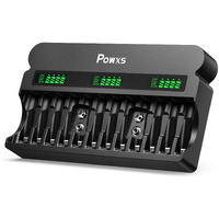 Powxs Rechargeable Aa Aaa 9V Battery Charger With 1800Ma High-Speed, 12 Bay Independent Battery Charger For 1.2V Ni-Mh Ni-Cd Aa Aaa 9V Rechargeable Batteries And 9V Lithium Ion(Include Ac Cable)