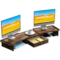 Ergofocus Dual Monitor Stand Riser With Drawer-Adjustable Length And Angle, Monitor Stand Riser For 2 Monitors, Desktop Organizer Stand For Computer/Laptop/Pc/Printer (Rust Brown)