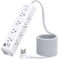 15Ft Extension Cord - Power Strip Surge Protector, Long Cord With 12 Widely Ac Outlets 3 Usb, Flat Plug Extension Cord, Wall Mount, Desk Charging Station For Office Home College Dorm Room Essentials