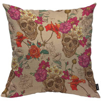 Hosnye Skull And Flowers Throw Pillow Case Cushion Covers Sugar Skull Smiles Mexican Festival Halloween Cotton Linen For Couch Bed Sofa Car Waist 18 X 18 Inch