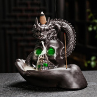 Haiswonsa Skull Dragon Incense Burner Holder - Backflow Waterfall Cone Incense Holder, Led Ceramic Unique Skeleton Incense Burner With 15 Incense Cones For Halloween/Aromatherapy/Yoga/Home/Office Deco