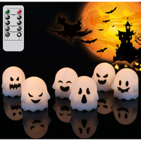 Lasumora Ghost Halloween Decorations Flameless Candles With Remote Timer, 6 Pack Grimace Ghost Candles, Battery Operated White Led Tea Lights Candles Dimmable Light For Halloween Decor