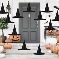 12Pcs Halloween Black Witch Hats Costume Accessory Decorations, Thickened Hanging Wizard Hats Bulk For Women Kids With Hanging Rope Floating Porch Indoor Outdoor Hocus Pocus Decor Party Supplies