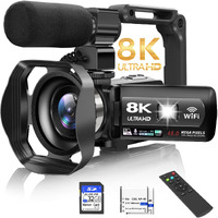 Video Camera, 8K Camcorder 48Mp 15Fps Uhd Wifi Vlogging Camera With Ir Night Vision For Youtube, 3"" Touch Screen 18X Digital Zoom, With Fill Light, Mic, Stabilizer, Lens Hood, Remote And 2 Batteries