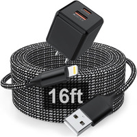 16 Ft Extra Long Iphone Charger Cord, [Apple Mfi Certified] With Dual Port 20W Pd + Qc 3.0 Wall Charger Plug, Nylon Braided Fast Charging Lightning Cable For Iphone 14/13/12/11, Ipad - Black