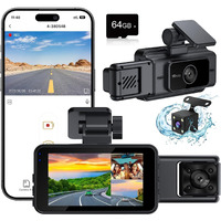 Dash Camera For Cars, 3 Channel 4K Dash Cam Front And Rear Inside,1080P Full Hd 170 Deg Wide Angle Dashboard Camera With 64Gb Card, 3-Inch Ips Screen,G-Sensor,Loop Recording