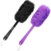 Back Scrubber Brush Long Handle For Shower, Loofah On A Stick Sponge Back Brush, Body Exfoliator Scrubber Bath Brush For Men Women, Exfoliating Cleaning Back Scrubber For Elderly (2 Pack-Black+Purple)