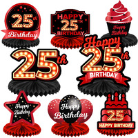 Happy 25Th Birthday Red And Black Table Honeycomb Centerpieces Balloons Theme Decor Table Decorations Table Toppers For Girls Women Princess 25 Years Old Birthday Party Bday Supplies Background Gold