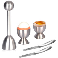 Egg Cutter Topper Set, 5 Pcs Stainless Steel Egg Opener Egg Whacker Poached Egg Separator Egg Cracker Tool For Soft & Hard Boiled Eggs (2 Egg Cups+2 Flat Egg Spoons+1 Egg Topper Cutter Shell Remover)