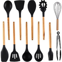 Silicone Cooking Utensils Set, 11 Pcs Black Silicone Cooking Utensils Set, Nonstick & 230C Heat Resistant Cooking Utensils With Wooden Handle, Cooking Utensil Set For Culinary Enthusiast (Black)