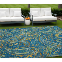 9' X 12' Navy Blue Paisley Washable Non Skid Indoor Outdoor Area Rug
