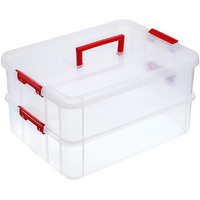 Juxyes 2-Tiers Stack Carry Storage Box With Handle, Transparent Stackable Storage Bin With Handle Lid Latching Storage Container For School & Office Supplies (Red)