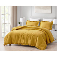 Chezmoi Collection Nora Mustard Yellow Comforter Set Queen Size 3-Piece Lightweight Fluffy Soft Lightweight Bedding Ruffled Edge Trim Stone-Washed Microfiber Comforter Set For All Season