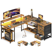 Aodk 53"" L Shaped Desk With Drawer, Computer Desk With Power Outlets & Led Lights, Reversible Corner Gaming Desk For Home Office Workstation, Office Desk With Monitor Shelf, Vintage