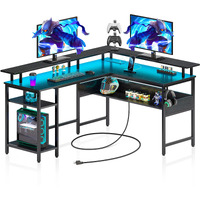 Rolanstar Computer Desk L Shaped 56.7"" With Led Lights And Power Outlets, Reversible L Shaped Gaming Desk With Monitor Stand, Home Office Desk With Storage, Desk With Usb Port And Hook, Black