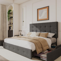 Sha Cerlin Upholstered Full Size Platform Bed Frame With Adjustable Headboard And 4 Drawers Under Bed Storage, No Box Spring Needed, Square Stitches Button Tufted Design, Dark Grey