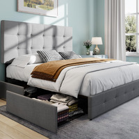 Sha Cerlin Upholstered Full Size Platform Bed Frame With Adjustable Headboard And 4 Drawers Under Bed Storage, No Box Spring Needed, Square Stitches Button Tufted Design, Light Grey