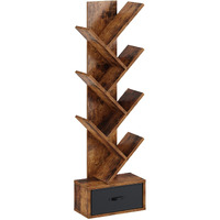 Rolanstar Bookshelf With Drawer, 7 Shelf Tree Bookshelf, Wooden Bookshelves Storage Rack For Cds/Movies/Books, Rustic Brown Bookcase, Utility Organizer Shelves For Living Room, Bedroom