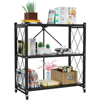 Lifetime Home 3-Tier Foldable Storage Shelf With Wheels - Metal Collapsible Shelving Unit Display, Rolling Cart For Books Kitchen Storage Shelves, Pantry & Closet Organizer, Office Room Decor - Black