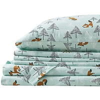 Comfort Spaces Cotton Flannel Breathable Warm, Deep Pocket Sheets With Pillow Case Bedding, Full, Seafoam Foxes 4 Piece