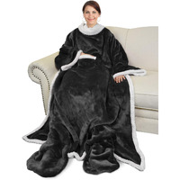 Catalonia Sherpa Wearable Blanket With Sleeves & Foot Pockets For Adult Women Men, Comfy Snuggle Wrap Sleeved Throw Blanket Robe, Gift Idea, Black