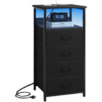 Fixwal Night Stand With Charging Station, Tall Nightstand With U-S-B Ports And Outlets, 4 Fabric Storage Drawers With Pu Finish, Small Dresser Bed Side Table, Black