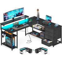 Aodk 53"" L Shaped Desk With Drawer, Computer Desk With Power Outlets & Led Lights, Reversible Corner Gaming Desk For Home Office Workstation, Office Desk With Monitor Shelf, Pure Black