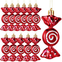 Threan 12 Pieces Christmas Candy Ornaments Hanging Glitter Candy Cane Ornaments Christmas Tree Candy Peppermint Ornaments With Golden Ropes For Xmas Halloween Party Decorations(Red)