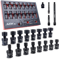 Akm Tool 3/8"" Drive Universal Impact Socket Set, 20 Piece Swivel Socket Set, Universal Joint Socket 6-Point, Metric, 8-22Mm, Cr-Mo,With Extension Bars, Socket Adapter, Drill Bit Adapter