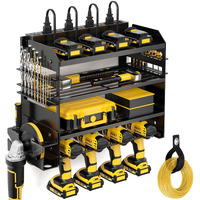 Pokipo Power Tool Organizer Charging Station With Angle Grinder Holder, Heavy Duty 4 Layer Drill Holder Wall Mount, Tool Storage In 8 Outlet Power Strip, Utility Rack With 6.56Ft Cord For Garage