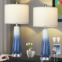 28"" Glass Table Lamp Set Of 2, Modern Table Lamps With Usb A+C Ports & Ac Outlet, Touch Control Bedside Nightstand Lamp With Led Night Light & White Fabric Shade For Living Room Blue(4 Bulbs Included)