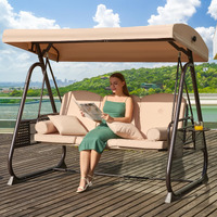 Yalissey 3 In 1 Outdoor Porch Swing With Adjustable Canopy, 3 Seat Outdoor Swing For Adults, Patio Swing Chair With Thickened Cushions,Pillows & Cup Holders For Backyard, Porch, Garden (Khaki)
