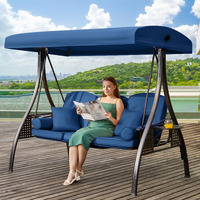 Yalissey 3 In 1 Outdoor Porch Swing With Adjustable Canopy, 3 Seat Outdoor Swing For Adults, Patio Swing Chair With Thickened Cushions,Pillows & Cup Holders For Backyard, Porch, Garden (Blue)