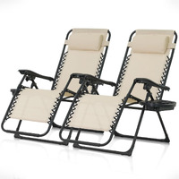 Caphaus Set Of 2 Beige Zero Gravity Chair, Zero Gravity Recliner, Zero Gravity Lounge Chair, Anti-Gravity Chair For Indoor & Outdoor, Folding Reclining Chair W/Side Tray, Adjustable Pillow, Beige