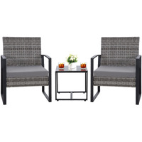 Hydragarden 3Pcs Patio Furniture Set, Outdoor Wicker Bistro Conversation Set With Padded Cushions & Glass Table, Garden Rattan Chair Set For Porch Balcony Backyard (Plus Grey Wicker & Grey Cushions)