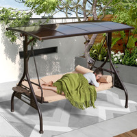 Yalissey 3-Seat Patio Porch Swing With Adjustable Hardtop,3 In 1 Convertible Outdoor Porch Swing For Adults,Patio Swing With Thicken Cushion,Pillows & Cup Holders For Porch,Backyard,Garden (Khaki)
