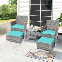 5 Piece Outdoor Patio Furniture Set With Table&Ottoman Outdoor Furniture Patio Set Bistro Wicker Patio Set Of 2 Outside Lawn Chairs Conversation Sets For Porch Balcony Deck(Gray Wicker&Green Cushion)